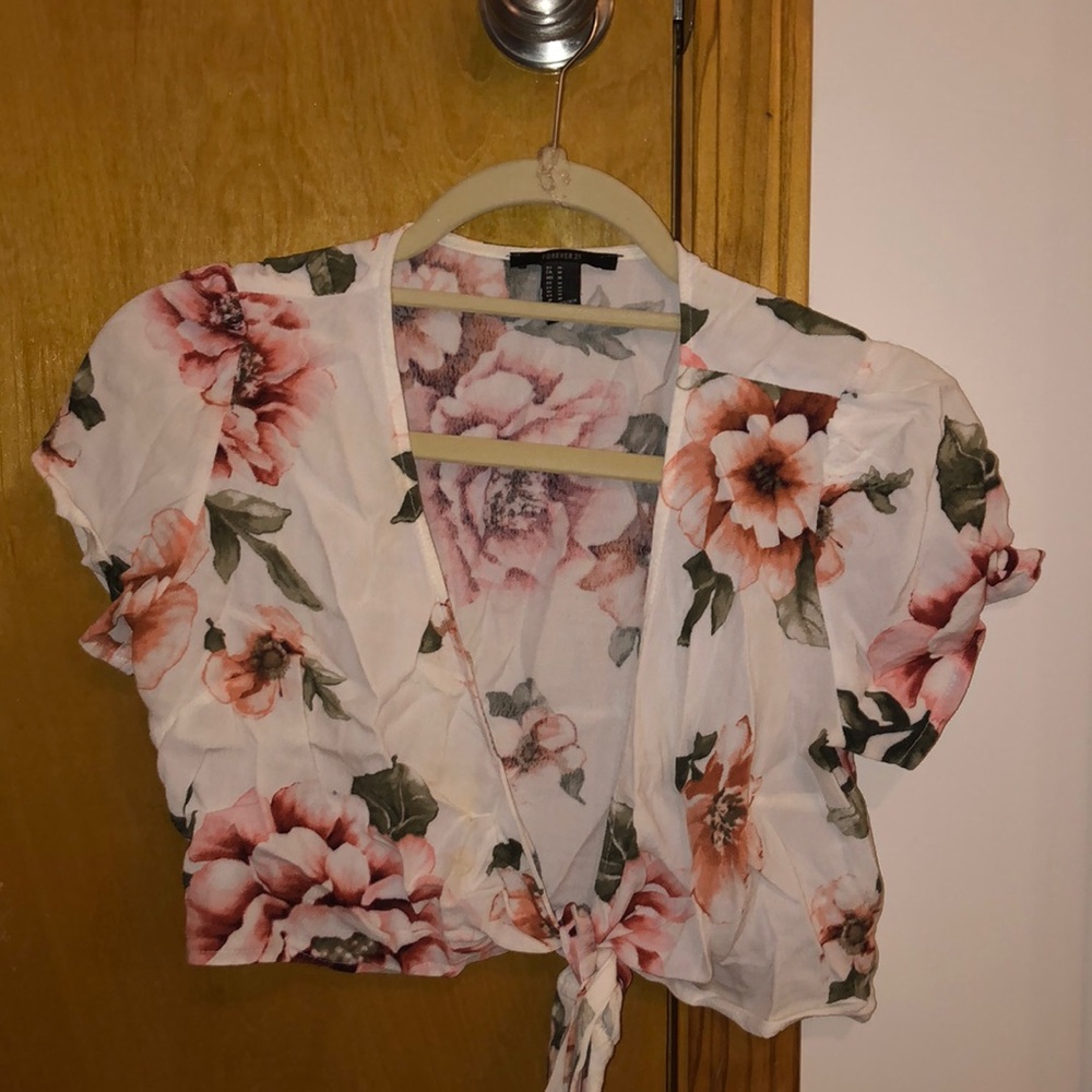 Floral cropped wrap or tie blouse